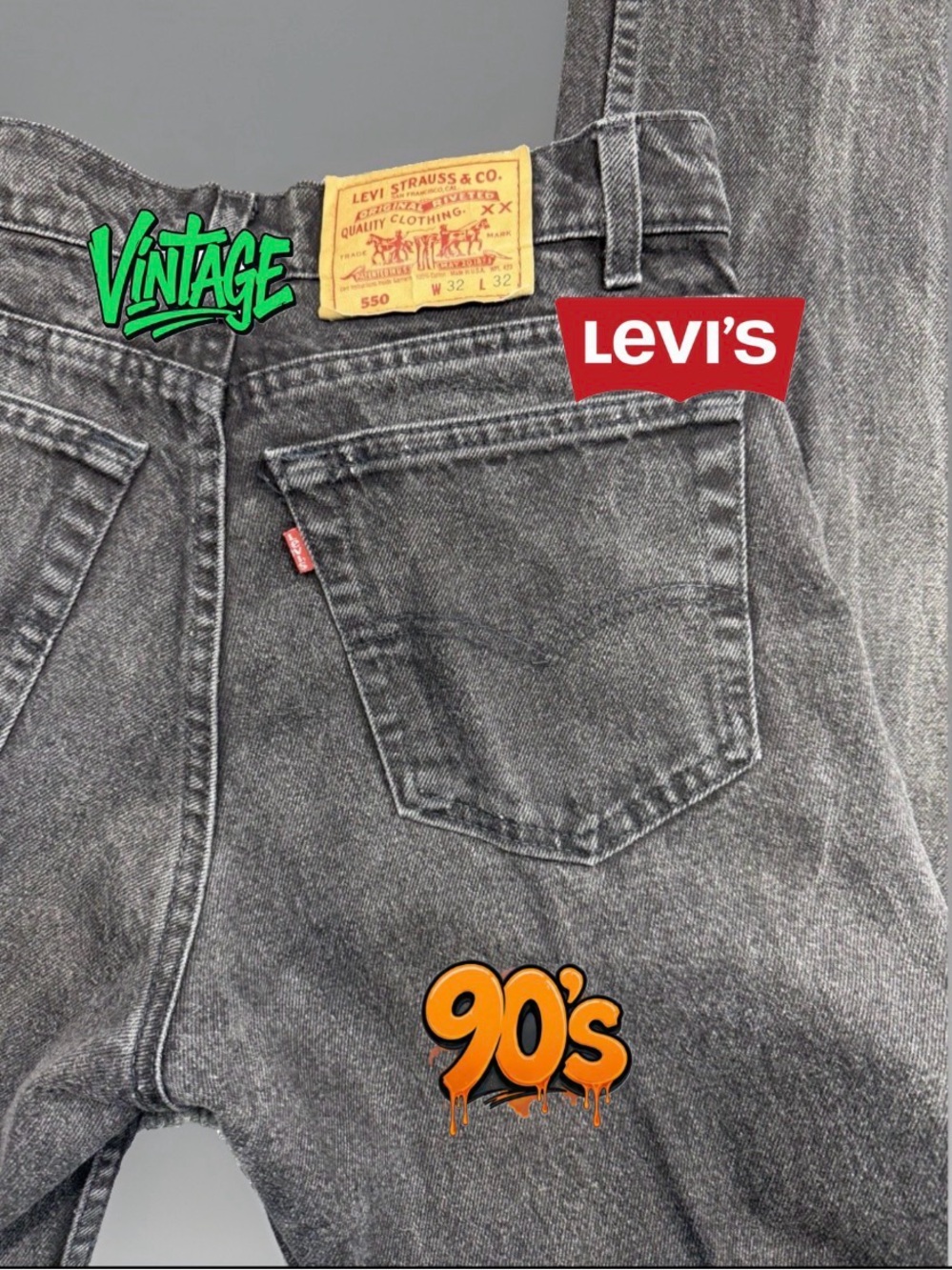 Vintage 90’s Levi's 550 Gray black Jeans W32 L32 100% Cotton Made in USA red tab
